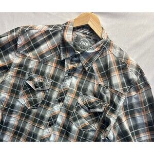 Buckle BKE Shirt Athletic Fit Orange Black Plaid Western Pearl Snap Men’s XL